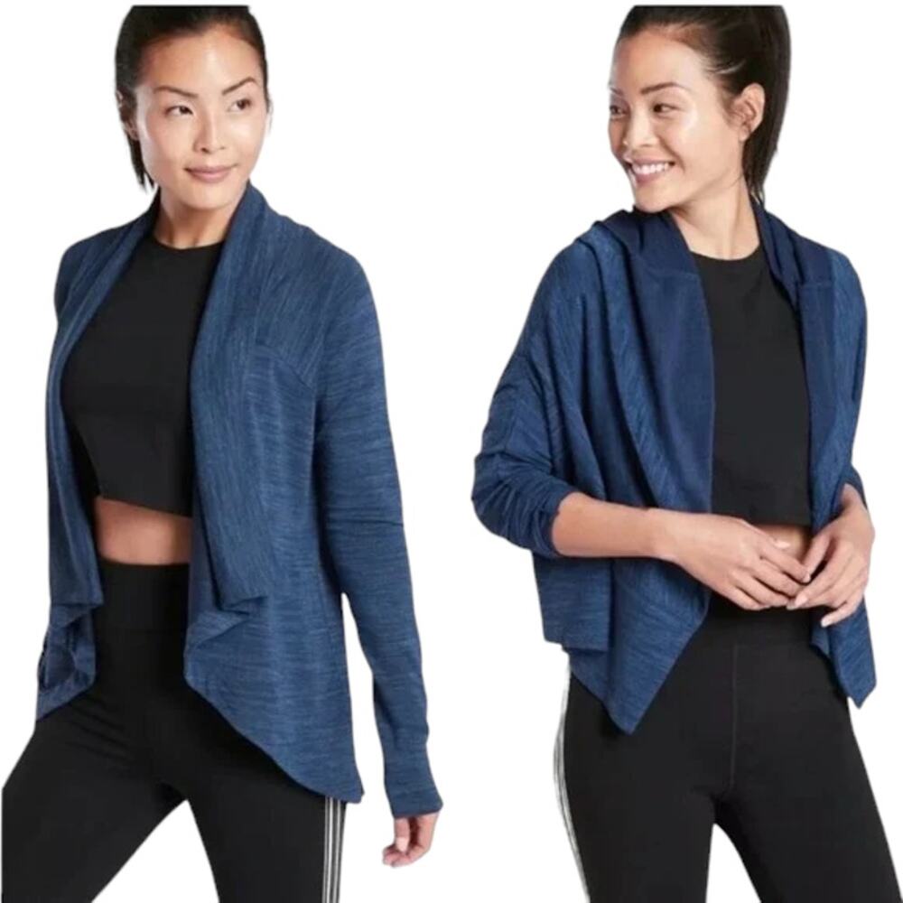 Athleta Nirvana Drape Front Deep Heathered Blue Cardigan Sweater Size XS